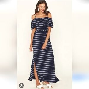 Halston Navy Stripe Maxi Off Shoulder Dress Size 8